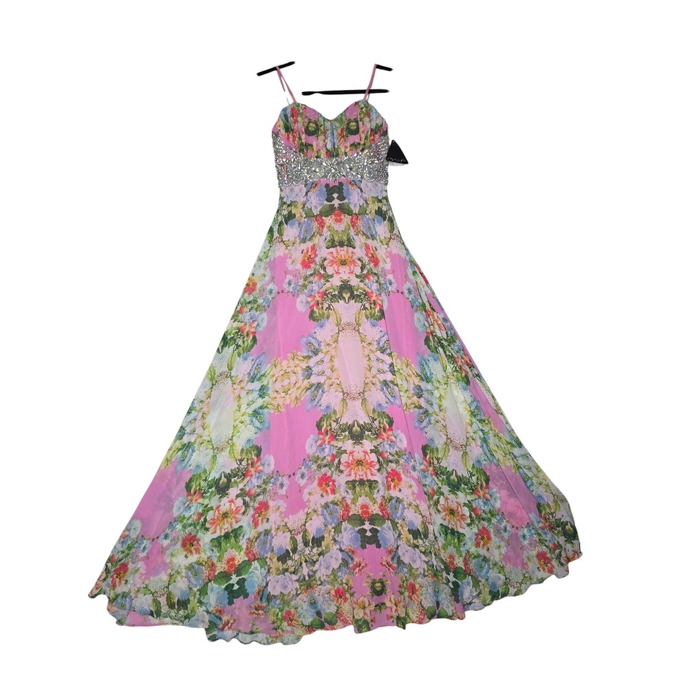 City Triangles Y2K Deadstock PinkFloral Rhinestone Chiffon Maxi PromDress Sz 1